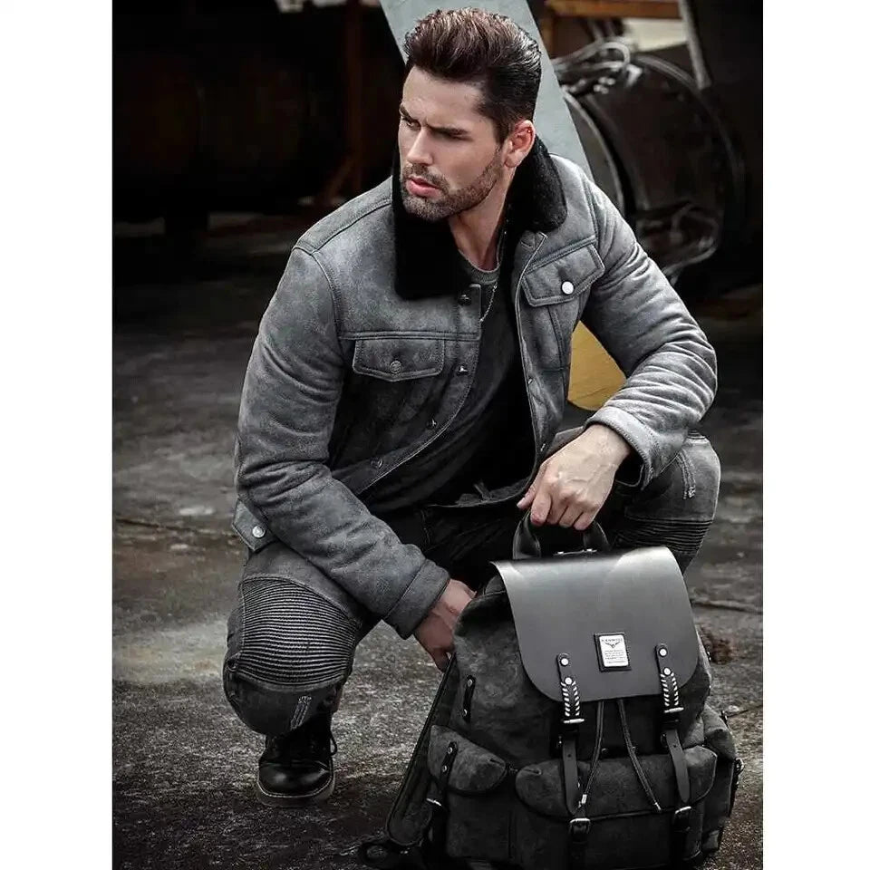 Men's RAF B3 Bomber Aviator Jacket – Grey Lambskin Leather with Fur Shearling