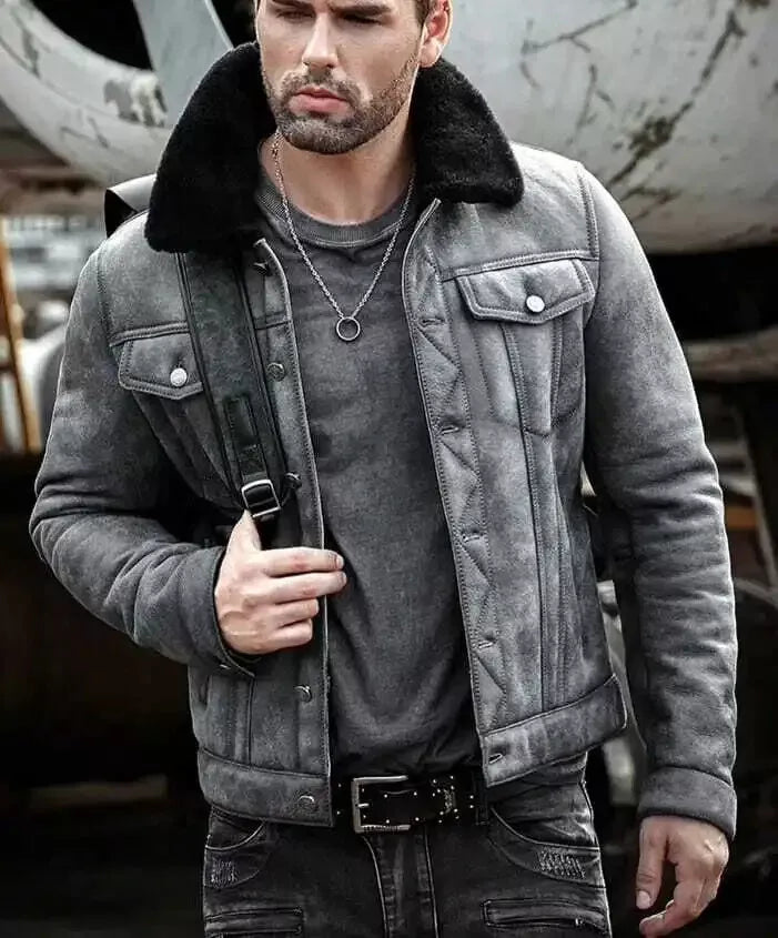 Men's RAF B3 Bomber Aviator Jacket – Grey Lambskin Leather with Fur Shearling