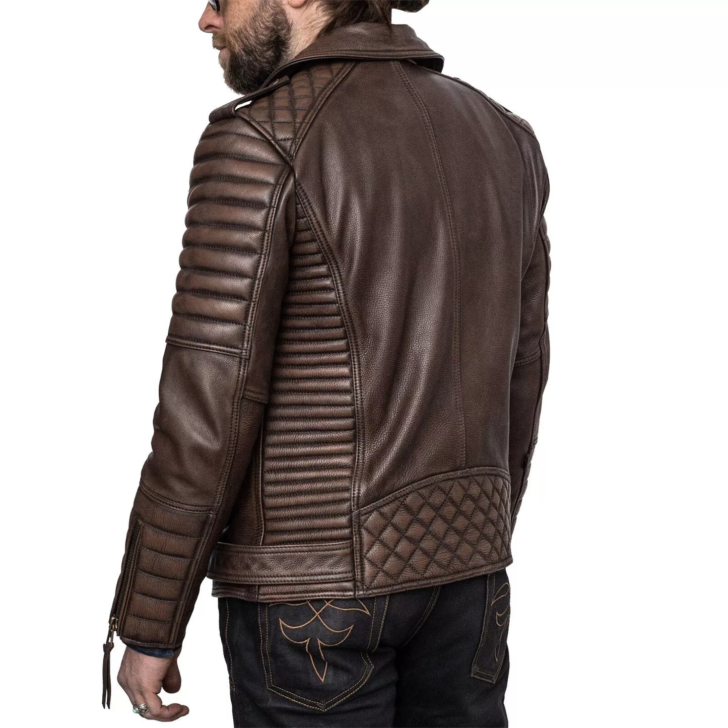 Men’s Cowhide Leather Quilted Biker Jacket – Genuine Motorcycle Style, Mid-Length, Wind-Resistant