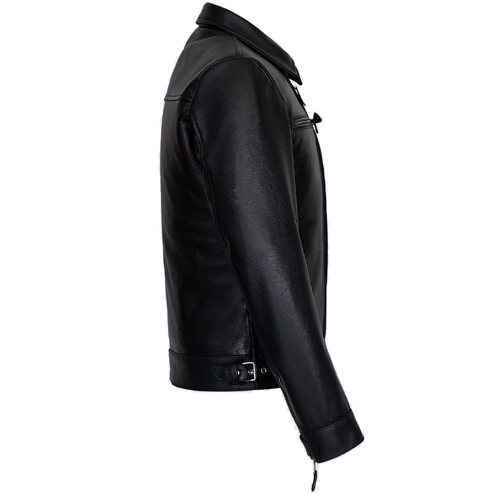 Men’s Aviator Pilot Leather Jacket – Cowhide Biker/Bomber, Mid-Length, Black