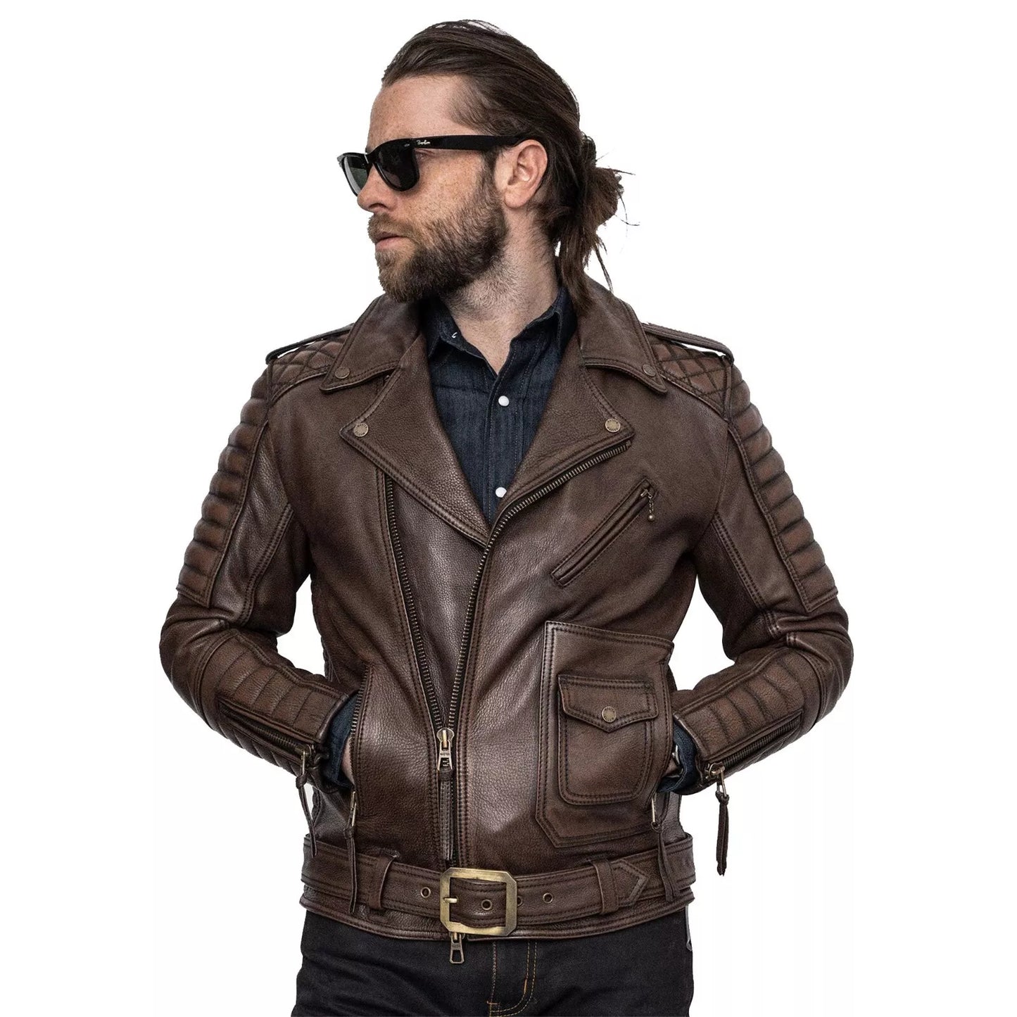 Men’s Cowhide Leather Quilted Biker Jacket – Genuine Motorcycle Style, Mid-Length, Wind-Resistant