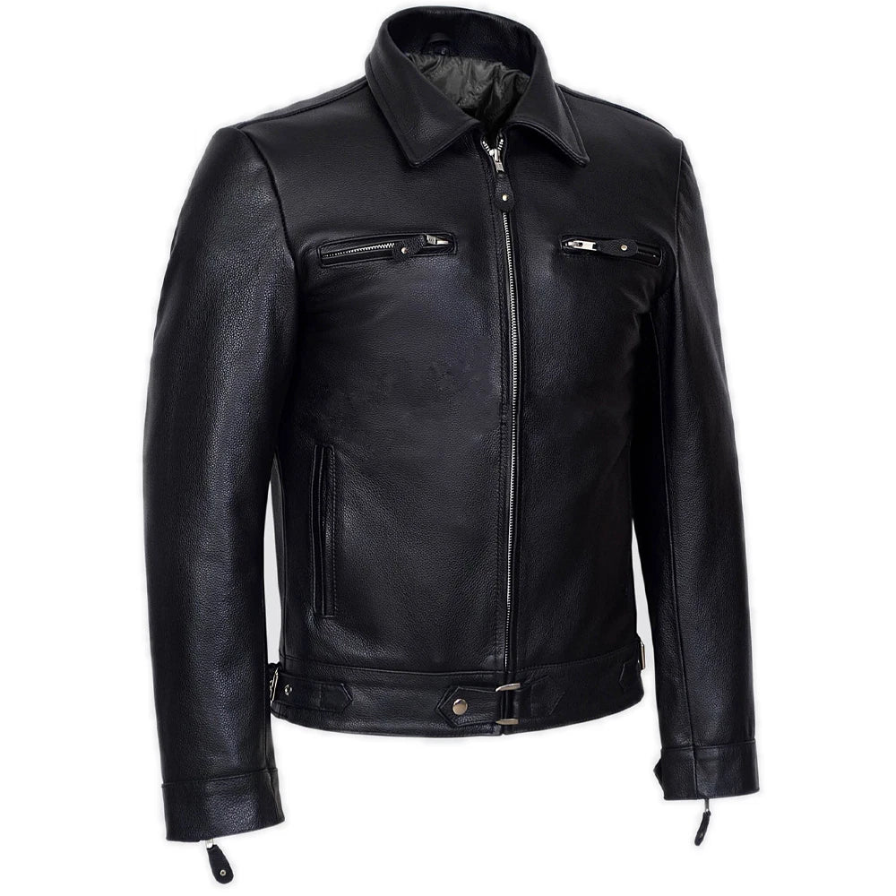 Men’s Aviator Pilot Leather Jacket – Cowhide Biker/Bomber, Mid-Length, Black