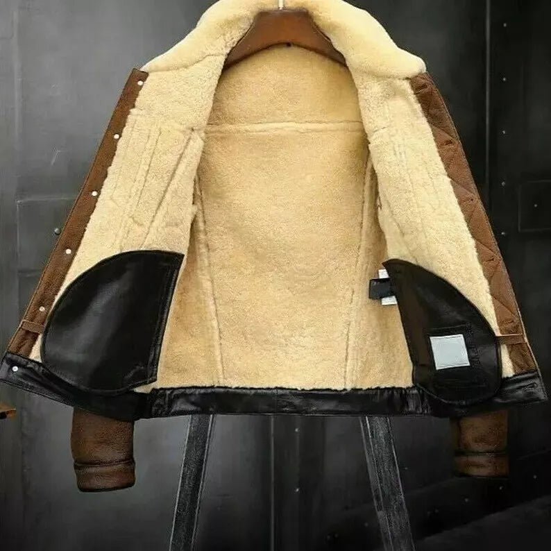 Men's RAF B3 Aviator Bomber Jacket – Brown Real Leather with Shearling Fur