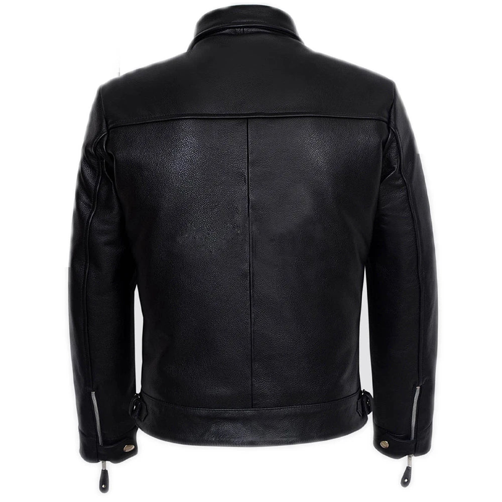 Men’s Aviator Pilot Leather Jacket – Cowhide Biker/Bomber, Mid-Length, Black
