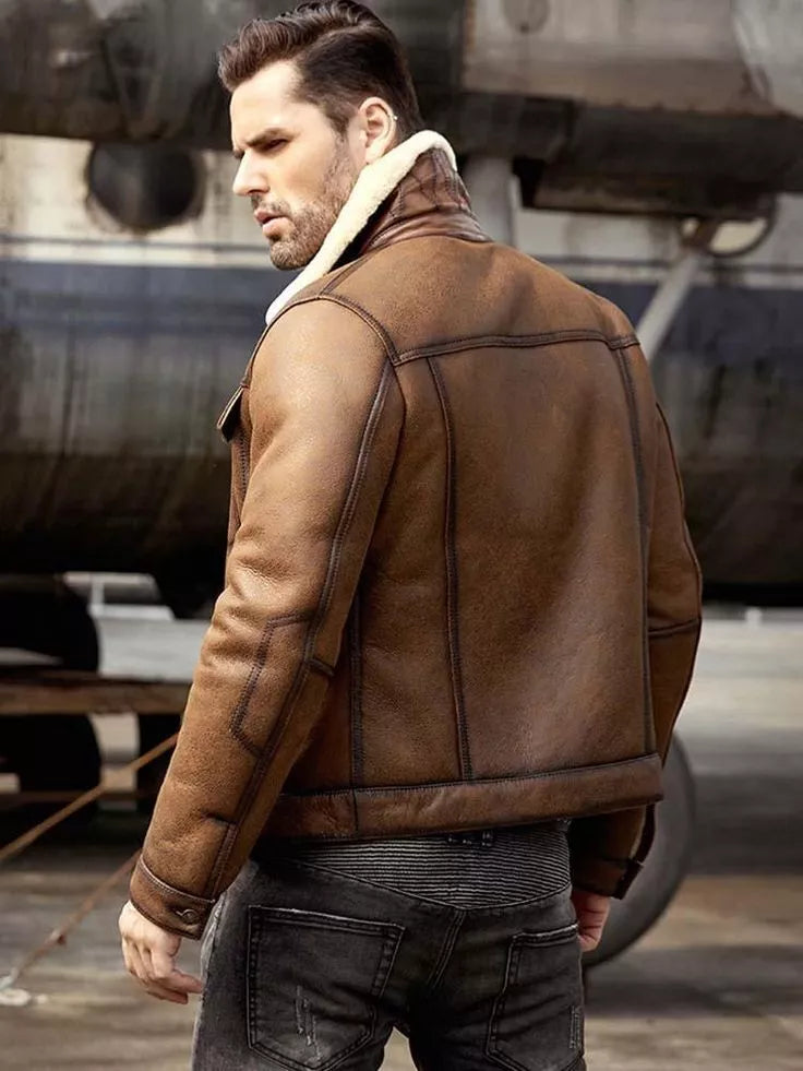 Men's RAF B3 Aviator Bomber Jacket – Brown Real Leather with Shearling Fur