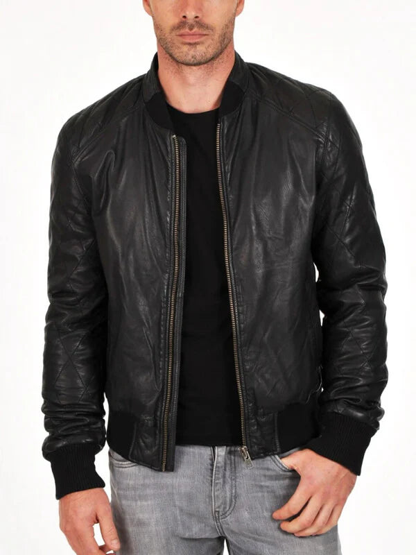 Black Sheepskin Quilted Jacket for Men