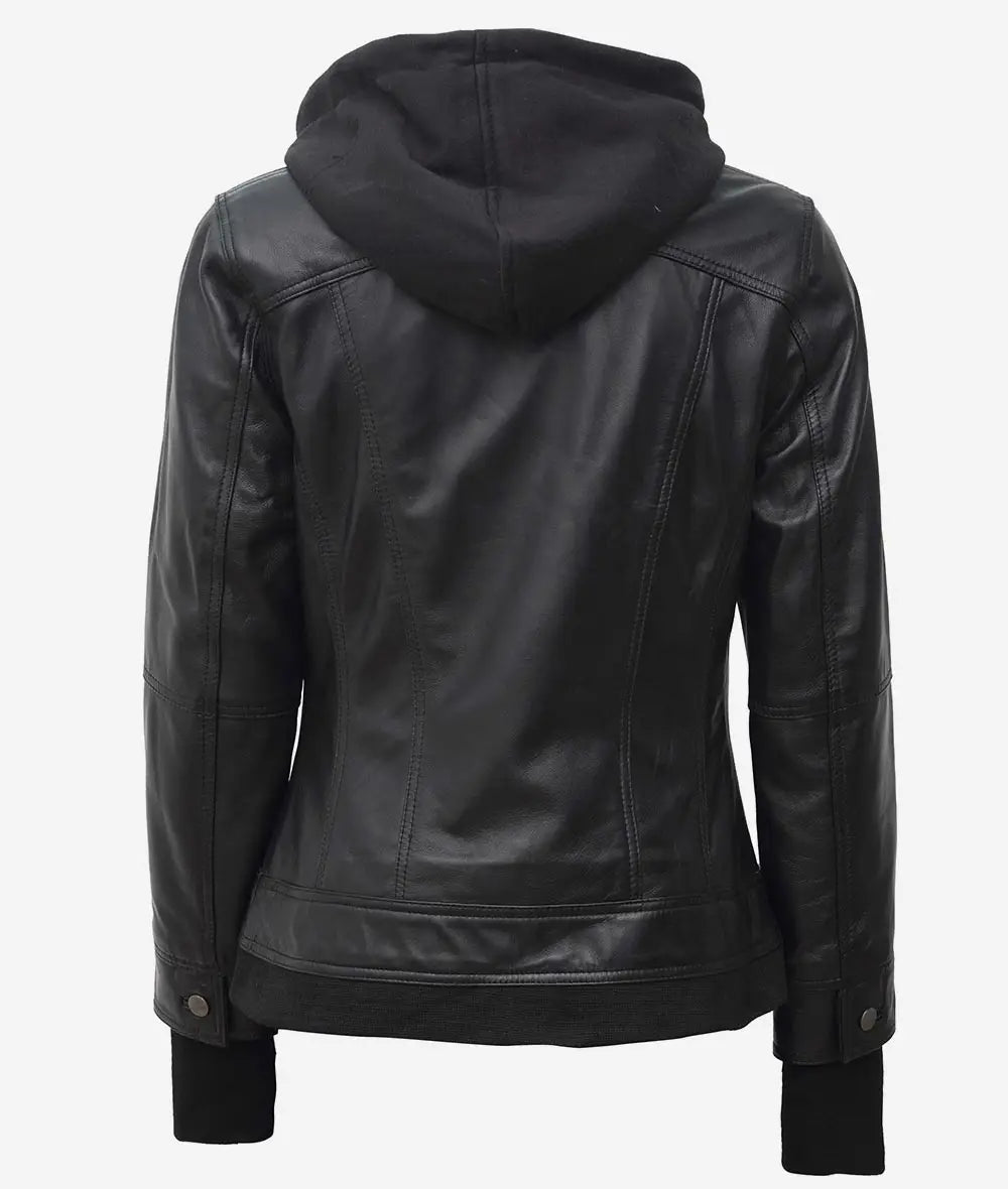 The Céleste – Women’s Black Leather Bomber Jacket with Removable Hood