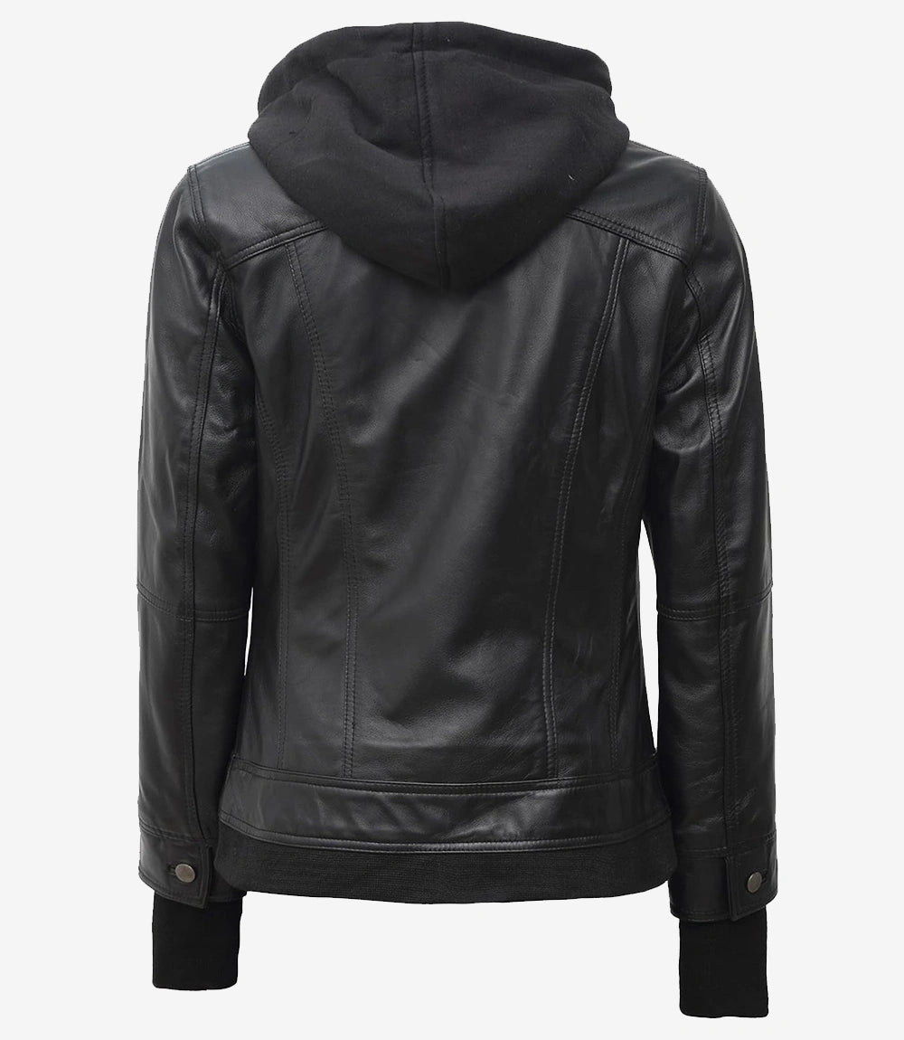 The Céleste – Women’s Tall Black Lambskin Bomber Leather Jacket with Removable Hood