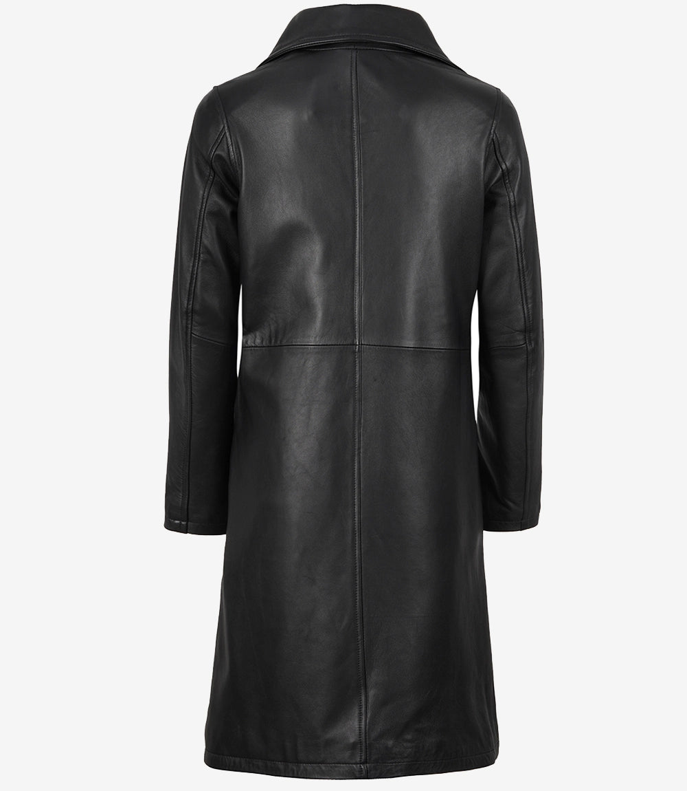 Women’s Long Black Leather Car Coat – Notch Lapel