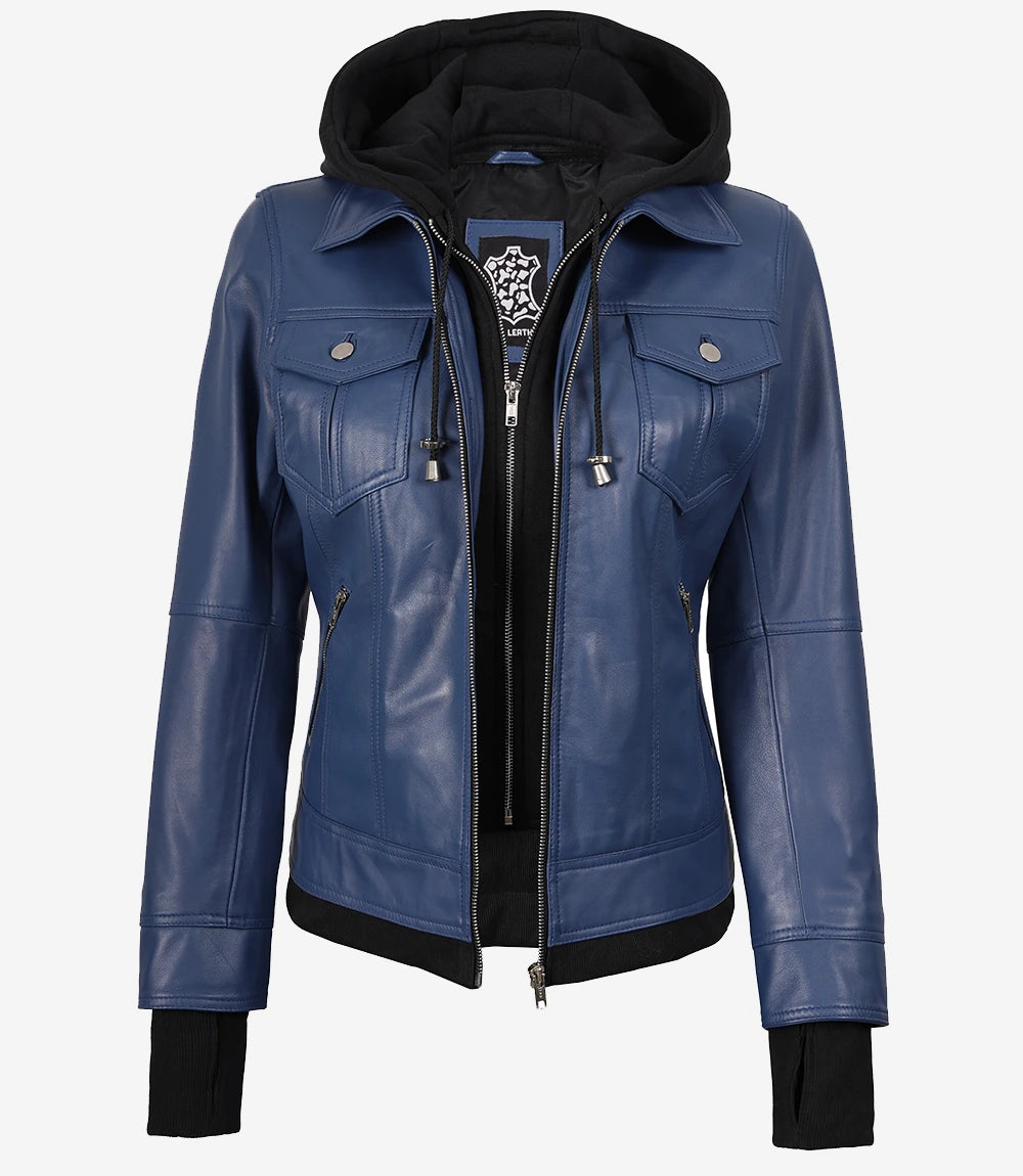 Women’s Blue Lambskin Leather Bomber Jacket with Removable Hood