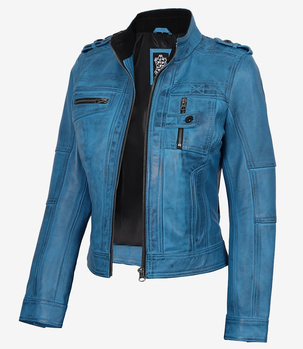 Women’s Blue Waxed Lambskin Leather Biker Jacket – Stylish Slim Fit Moto Coat