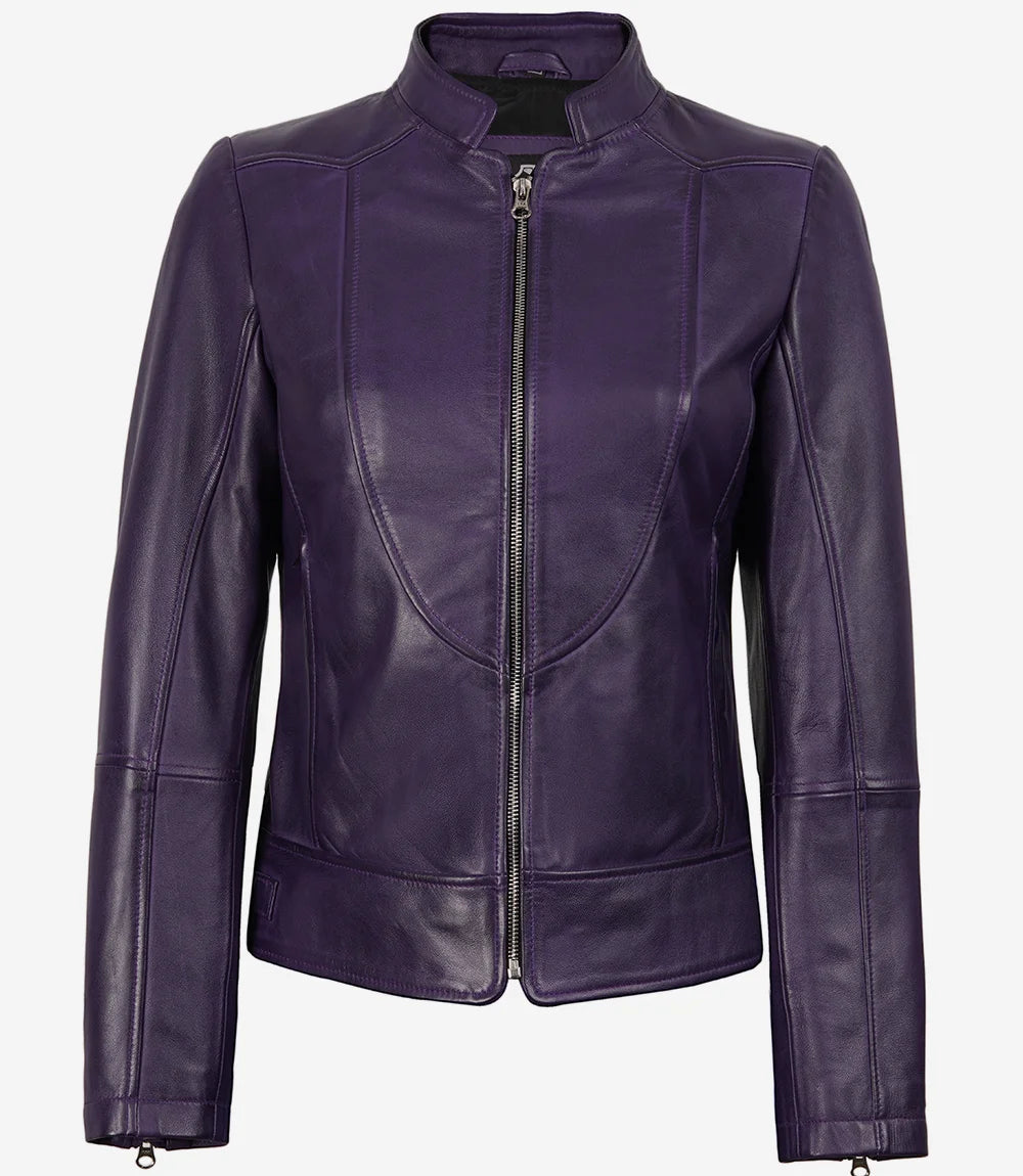 Women’s Purple Lambskin Leather Biker Jacket – Modern Fit Moto Style