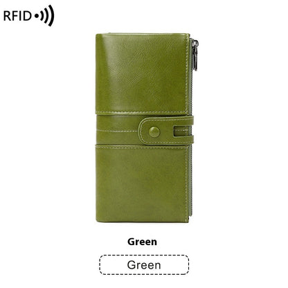 Oil Wax Leather Women’s Long Wallet – Double Zipper Retro Anti-theft PU Purse