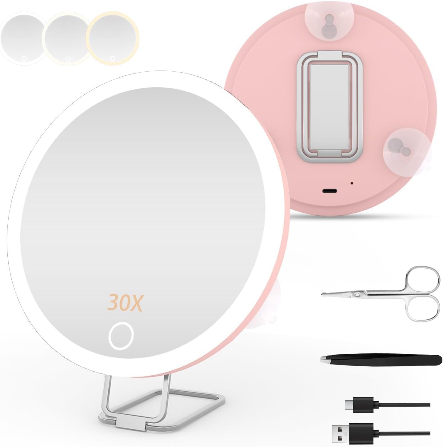 Charging LED Fill Light Rotating Makeup Mirror with Stand, Tweezers & Scissors