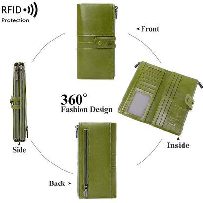Oil Wax Leather Women’s Long Wallet – Double Zipper Retro Anti-theft PU Purse