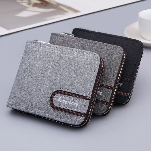 Men’s Canvas Short Wallet – Retro Multifunctional Zipper Bifold Purse with Card & Coin Holder