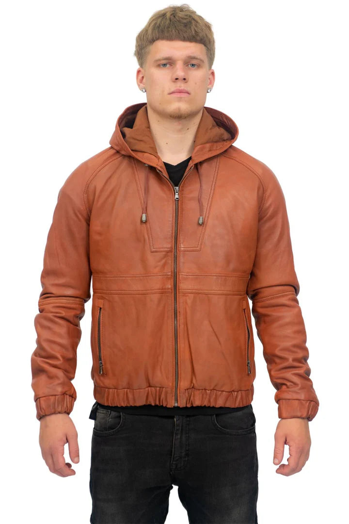 Men’s Casual Leather Hooded Bomber Jacket Odesa | Nappa Lamb Leather