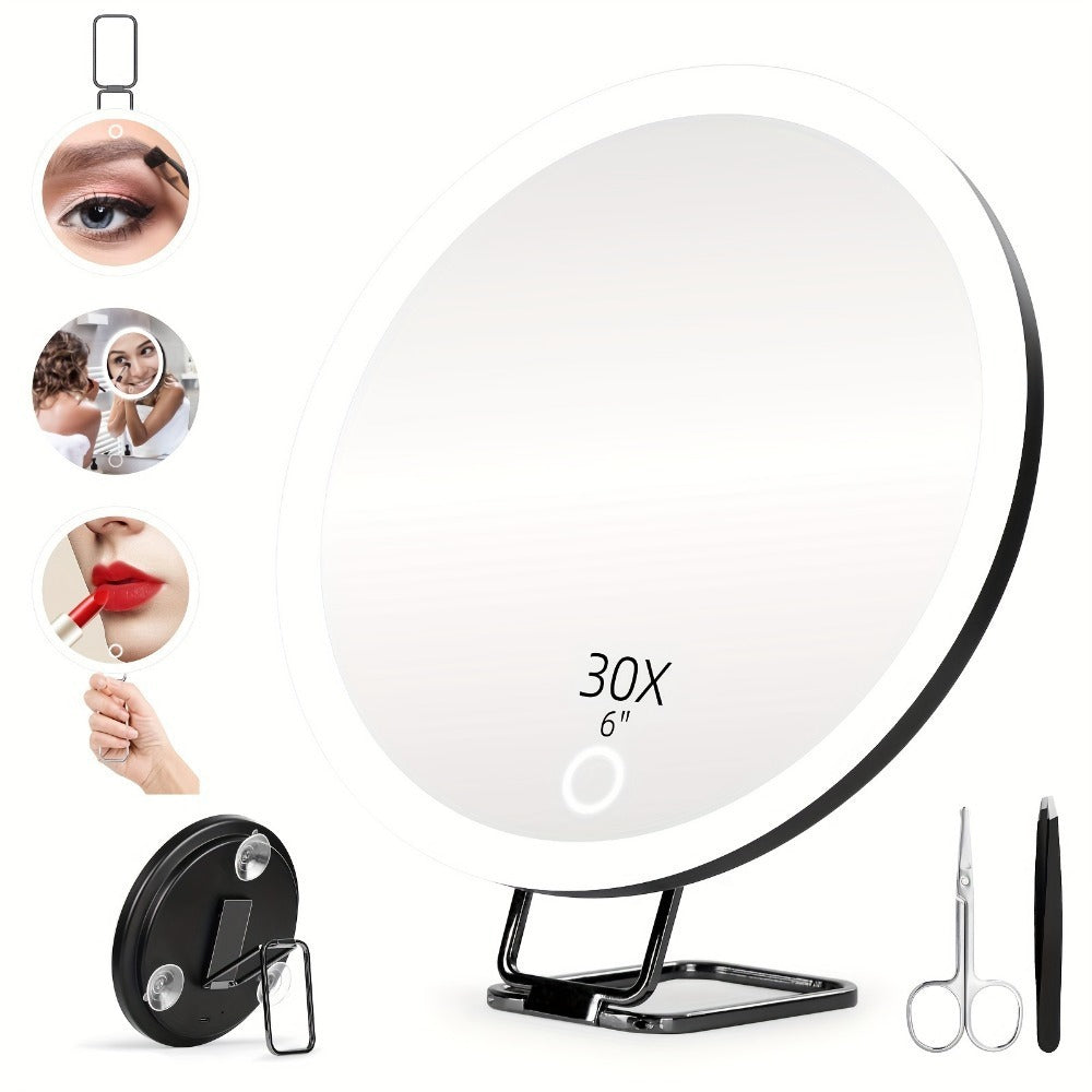Charging LED Fill Light Rotating Makeup Mirror with Stand, Tweezers & Scissors