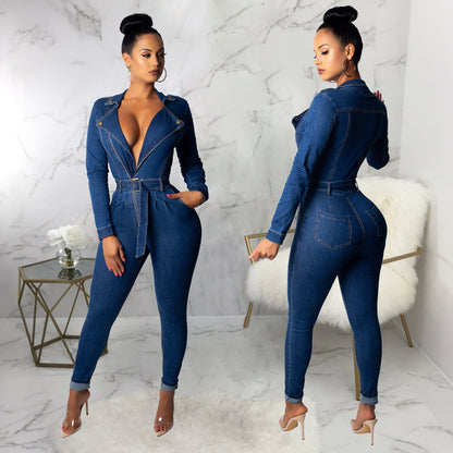 Women’s Denim Bodysuit – Casual Slim Fit Sleeveless Jumpsuit