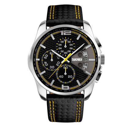 Men’s Leather Quartz Sports Watch – Waterproof Chronograph with Calendar