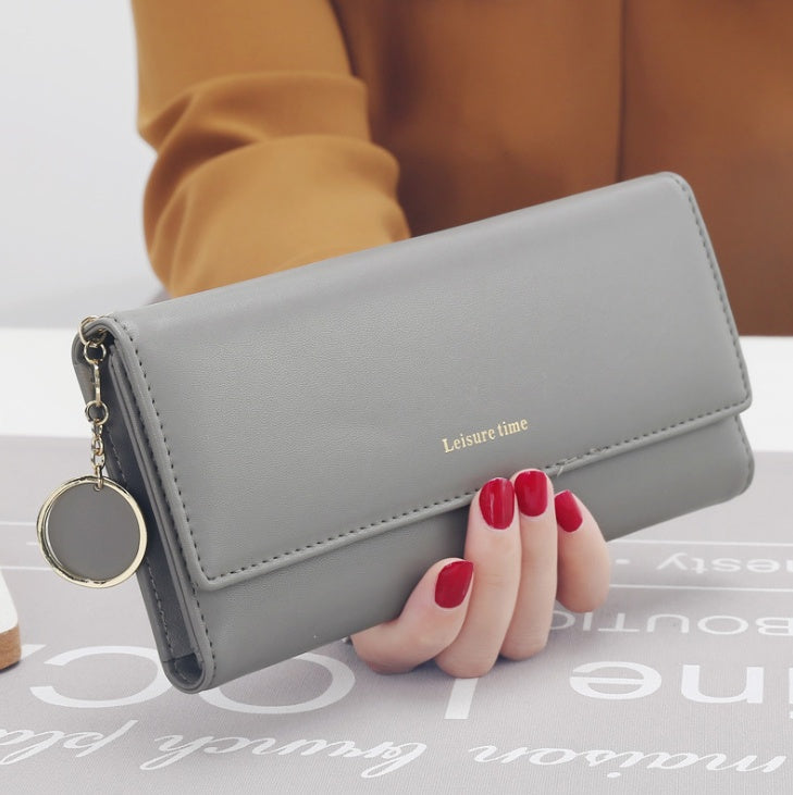 Women’s Korean Style Pendant Wallet – Long PU Leather Multi-Function Tri-Fold Purse
