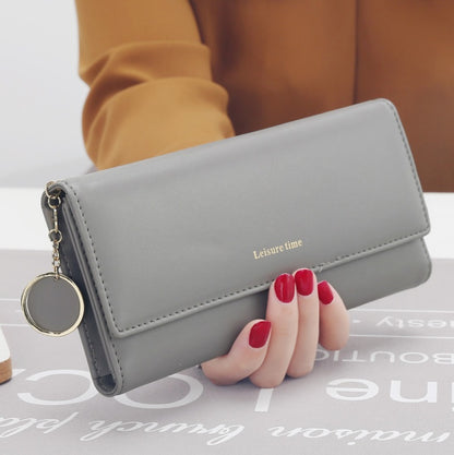 Women’s Korean Style Pendant Wallet – Long PU Leather Multi-Function Tri-Fold Purse