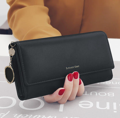Women’s Korean Style Pendant Wallet – Long PU Leather Multi-Function Tri-Fold Purse
