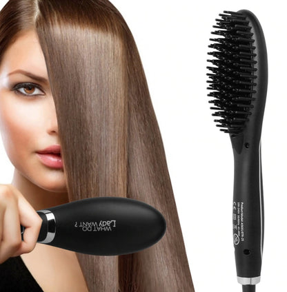 Ceramic Hair Straightening Brush – 3-in-1 Heated Detangling Comb with Anti-Frizz Technology