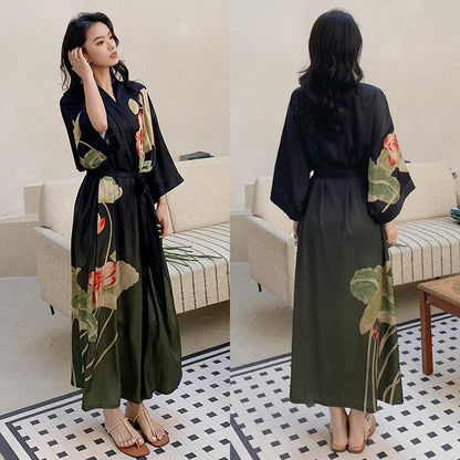 Women’s Luxury Silk Dressing Gown – Long Floral Print Elegant Nightwear Robe