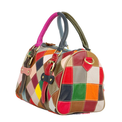 iPinee Women’s Genuine Cowhide Leather Handbag – Designer Plaid Messenger Bag with Color Contrast