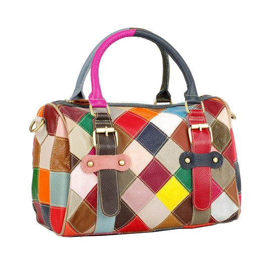 iPinee Women’s Genuine Cowhide Leather Handbag – Designer Plaid Messenger Bag with Color Contrast