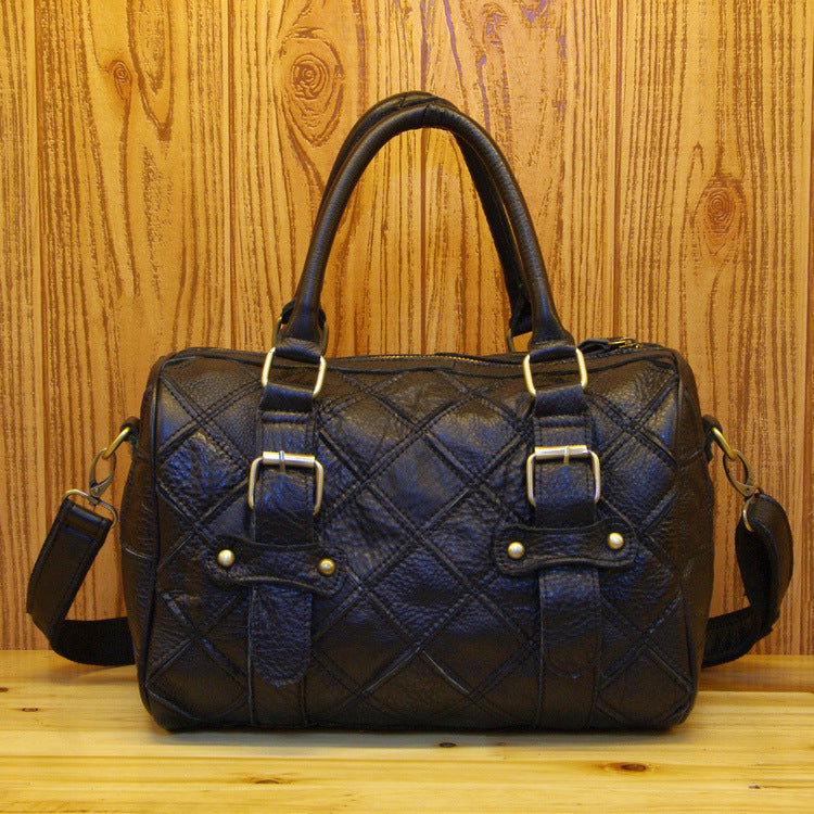iPinee Women’s Genuine Cowhide Leather Handbag – Designer Plaid Messenger Bag with Color Contrast
