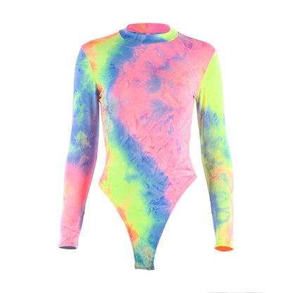 New Fashion Tie Dye Print Bodycon Bodysuit for Women – Long Sleeve Slim Fit