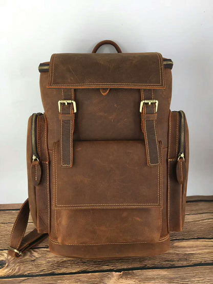 Retro Crazy Horse Leather Men’s Backpack – Large Capacity 15.6" Laptop Travel Bag, Genuine Cowhide Computer Backpack