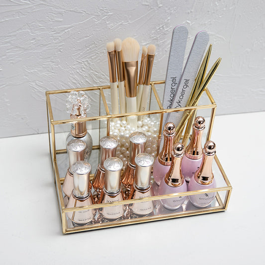 Glass Makeup Organizer with Golden Brass Frame – Bathroom Cosmetic Storage Box