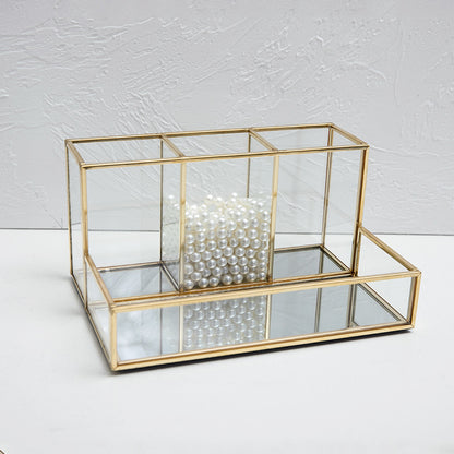 Glass Makeup Organizer with Golden Brass Frame – Bathroom Cosmetic Storage Box
