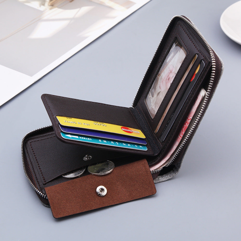 Men’s Canvas Short Wallet – Retro Multifunctional Zipper Bifold Purse with Card & Coin Holder