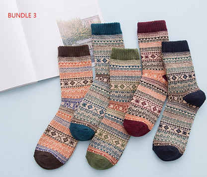 Winter Warm Stripe Wool Socks – 5 Pairs Thick Casual Business Socks for Men