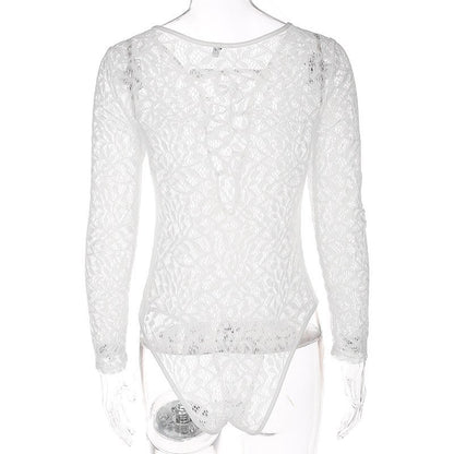 Women’s Lace Romper Jumpsuit – Deep V Hollow Out Short Bodysuit with Tie, Long Sleeve Summer White