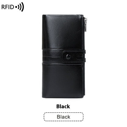 Oil Wax Leather Women’s Long Wallet – Double Zipper Retro Anti-theft PU Purse