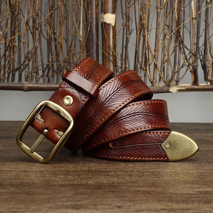 Men’s Double-Sided Genuine Cowhide Belt – 3.8CM Wide Thick Leather with Brass Buckle