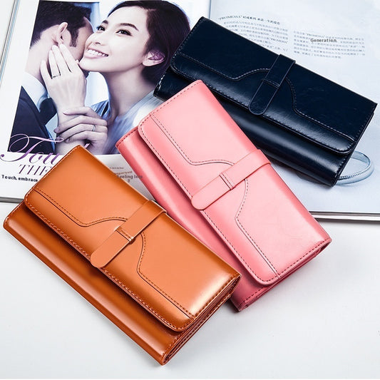 Pure Leather Women’s Tri-fold Wallet – Long Buckle Genuine Cowhide