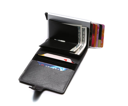 RFID Anti-Theft Vintage Wallet – PU Leather Card Holder with Aluminum Case & Pop-Up Design