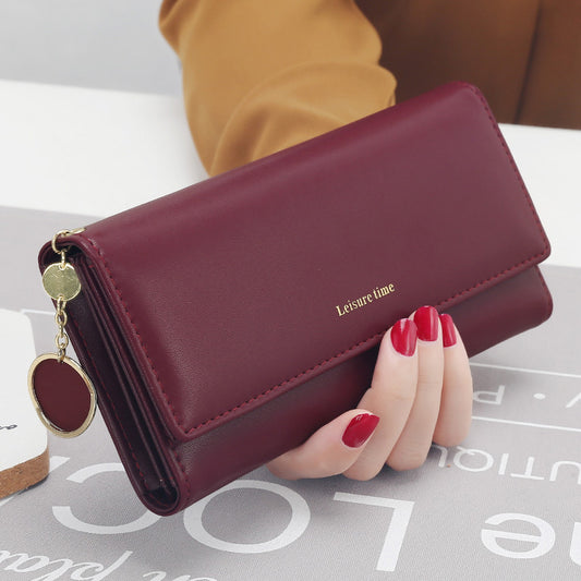 Women’s Korean Style Pendant Wallet – Long PU Leather Multi-Function Tri-Fold Purse