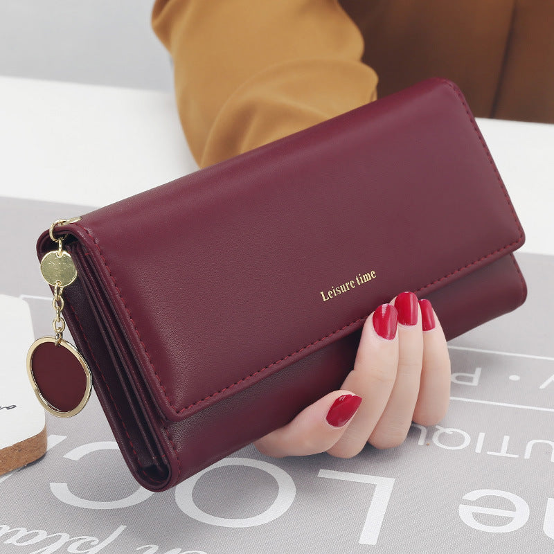 Women’s Korean Style Pendant Wallet – Long PU Leather Multi-Function Tri-Fold Purse