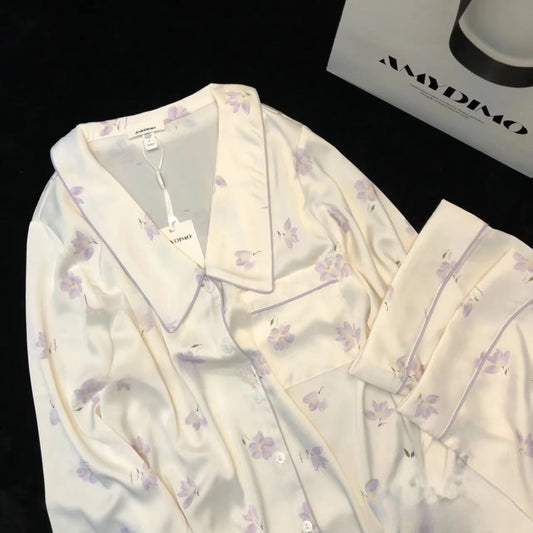 Magnolia Ice Silk Pajama Set – Women’s Long Sleeve Summer Loungewear Suit