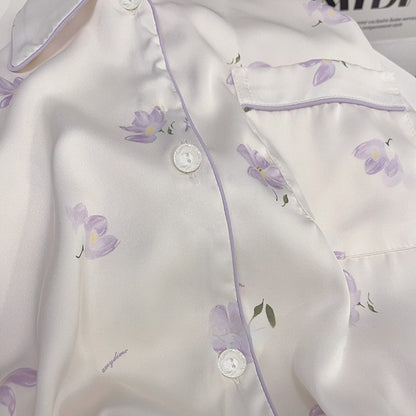 Magnolia Ice Silk Pajama Set – Women’s Long Sleeve Summer Loungewear Suit