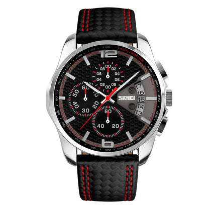 Men’s Leather Quartz Sports Watch – Waterproof Chronograph with Calendar
