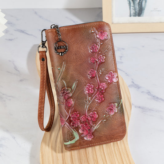 Embossed Hand-painted Chinese Style PU Zipper Handbag – Retro Floral Women’s Wallet