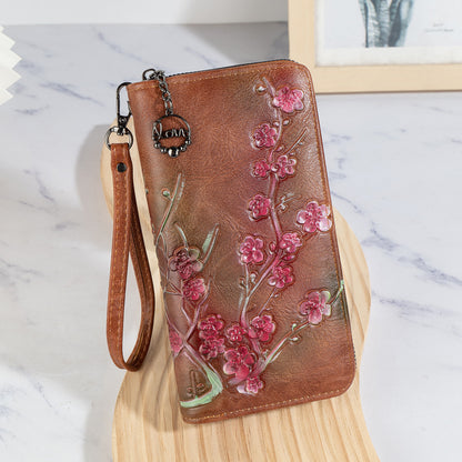 Embossed Hand-painted Chinese Style PU Zipper Handbag – Retro Floral Women’s Wallet